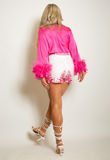 Fuchsia Satin Tie Front Feather Cuff Crop Top