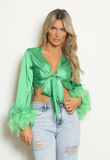 Green Satin Tie Front Feather Cuff Crop Top