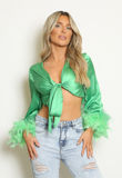 Green Satin Tie Front Feather Cuff Crop Top