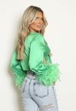 Green Satin Tie Front Feather Cuff Crop Top