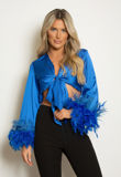 Royal Satin Tie Front Feather Cuff Crop Top