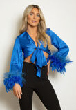 Royal Satin Tie Front Feather Cuff Crop Top