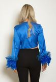 Royal Satin Tie Front Feather Cuff Crop Top