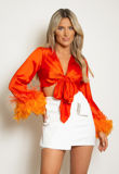 Orange Satin Tie Front Feather Cuff Crop Top