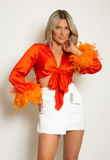 Orange Satin Tie Front Feather Cuff Crop Top