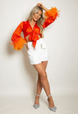 Orange Satin Tie Front Feather Cuff Crop Top