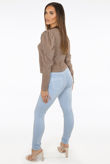 Puff Sleeve Woven Top In Brown