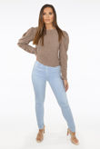 Puff Sleeve Woven Top In Brown