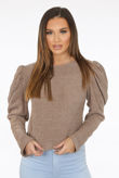 Puff Sleeve Woven Top In Brown