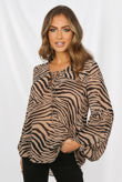 Camel Zebra Print Front Knotted Blouse