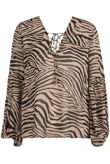 Camel Zebra Print Front Knotted Blouse