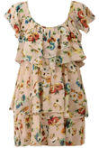 Beige Floral Printed Ruffle Dress