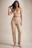 Beige PU Crop Top And Trouser Set