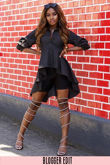 Dip Back Peplum Shirt With Puff Sleeve In Black