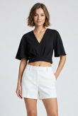 V Neck Tie Back Crop Top In Black