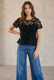 Black Embroidered Lace Mesh Tops