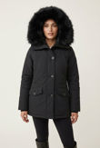Black Quilted Jacket with Faux Fur Hood and Sleeve Zip Pocket