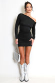 Black Studded Lurex Oblique Neck Dress