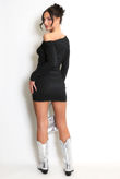 Black Studded Lurex Oblique Neck Dress