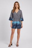 Blue Printed Cross Over Wing Sleeve Playsuit