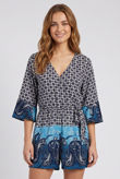 Blue Printed Cross Over Wing Sleeve Playsuit