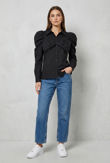 Black Pleated Bow Front Button Up Shirt