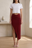 Burgundy Cross Textured Side Slit Zip Up Midi Skirts