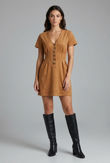 Camel Faux Suede Mini Dress With Button Detail