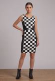 Black & White Checkered Front  Panel Sleeveless Dress