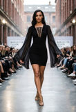 Black Lace Up Front Chiffon Sleeve Evening Dress