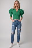 Green Bengaline Puff Sleeve Crop Top