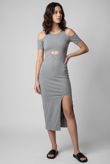 Grey Cold Shoulder Side Split Midi Dress