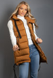Camel Hooded Puffer Gilet With Webbing Detail