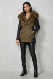 Khaki Green PVC Side Panels Fur Hood Parka