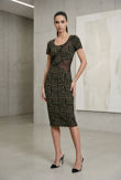 Khaki and Black Striped Knitted Net Paneled Midi Dress
