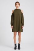 Khaki Cold Shoulder Back Button Up Shift Dress