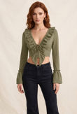 Ruffle Crepe Crop Top With Lace Up Front In Khaki