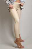 Beige Button Trim PU Leggings