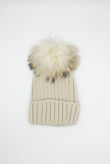 Beige Knitted Natural Fur Bobble Hat 
