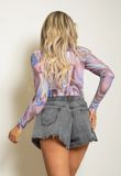 Lilac Marble Print Long Sleeve Sheer Bodysuit