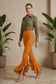Fitted Crepe Draped Frill Hem Trouser In Mustard