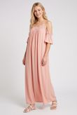Pink Cold Shoulder Lace Trim Maxi Dress