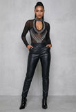 Black Pearls Trim Choker Neck Mesh Bodysuit
