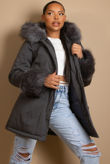 Grey Canvas Parka with Fur Hood & Cuff