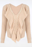 Beige Pearl Embellished V-Neck Jumper