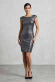 Gunmetal Grey Cap Sleeve Sequin Pencil Dress