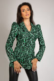 Green Leopard Print Blazer With Exaggerated Shoulder