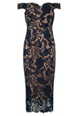 Navy Crochet Sweetheart Neckline Midi Dress