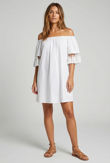 White Elasticated Off Shoulder Fringed Shift Dress