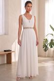 White Front Lace Pleated Trimming Back Zip Up Maxi Dress 